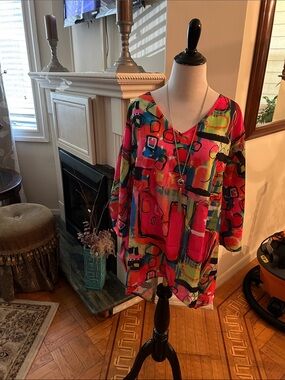 Vibrant Abstract Print V-Neck Women's Blouse - Pink Multi